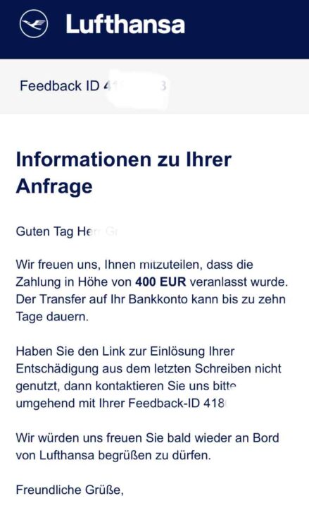 Lufthansa Mail Entschädigung