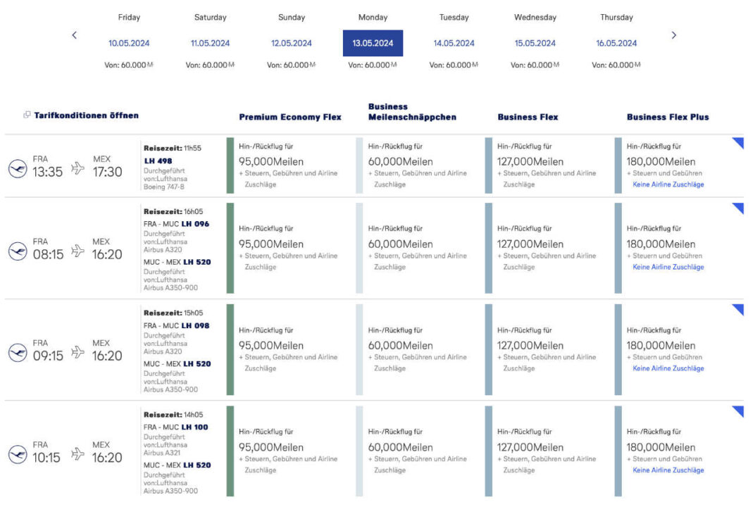 Meilenschnäppchen Januar 2024 Business Class Mexiko Stadt Verfügbarkeiten