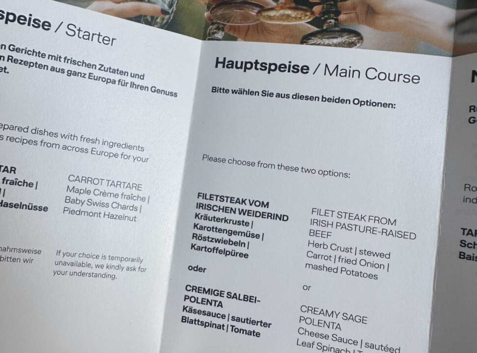 Lufthansa Business Class Menükarte 2025